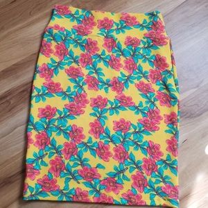 Lularoe Cassie Skirt Yellow with Pink Flowers
